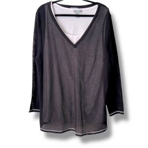 CATHERINES 2 Piece Mesh Long Sleeve V-Neck Tunic Y2K 90s Mesh Overlay Black 0X